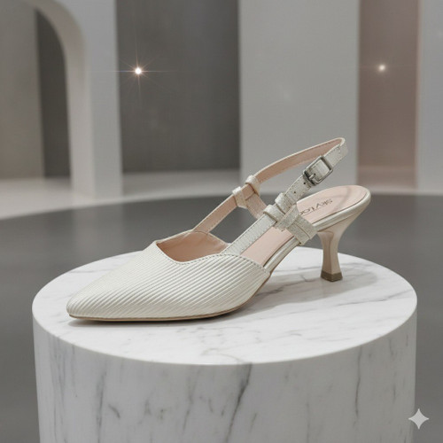 کفش مجلسی زنانه ساتن خطی کرم نباتی پاشنه 5 سانت مدل گره ای