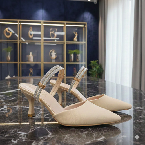 کفش مجلسی ساتن خطی نگینی 5 سانت کرم